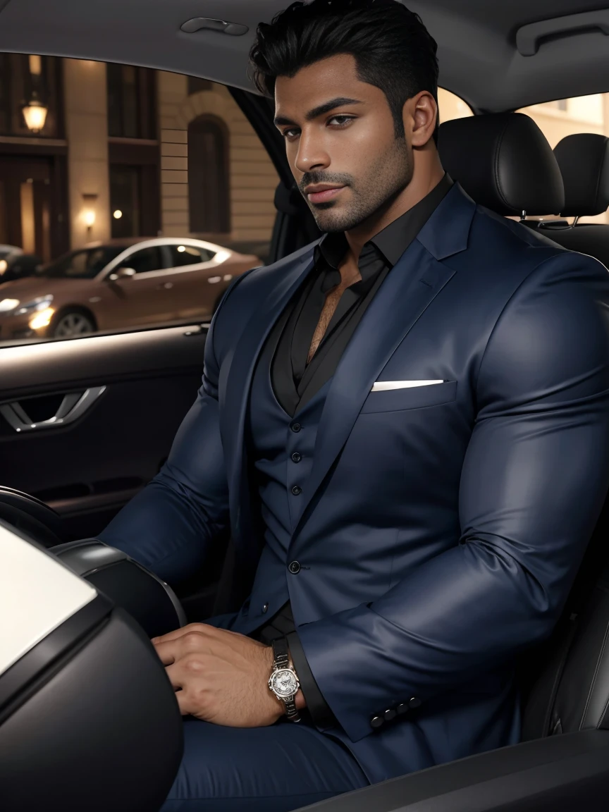 8K,8K resolution,2 Muscular Europeans, handsome man,charming eyes,dark skin,beautiful, smooth and shiny,Full muscles,Thick body hair, (wearing a stylish suit),big bag highlights,Excellent j8,emphasize,Driving a luxury convertible,The car is full of roses,Two men smiling happily,professional lighting,Professional photography,Realistic photos,realistic model,realistic art,Perfect hand details