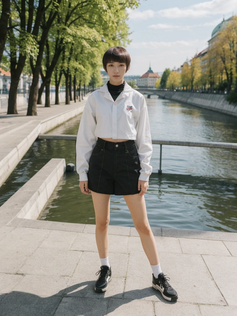 her name is Asako, high quality, 1girl, ((20-year-old fit Caucasian woman)), ((20 years old)), ((slim)), ((Edgy Bowl Cut hair)), pose: standing, wearing edgy Generation-Z modern wear bright colored, BACKGROUND:In the Letná Park, with panoramic views of the Vltava River and the historic city center