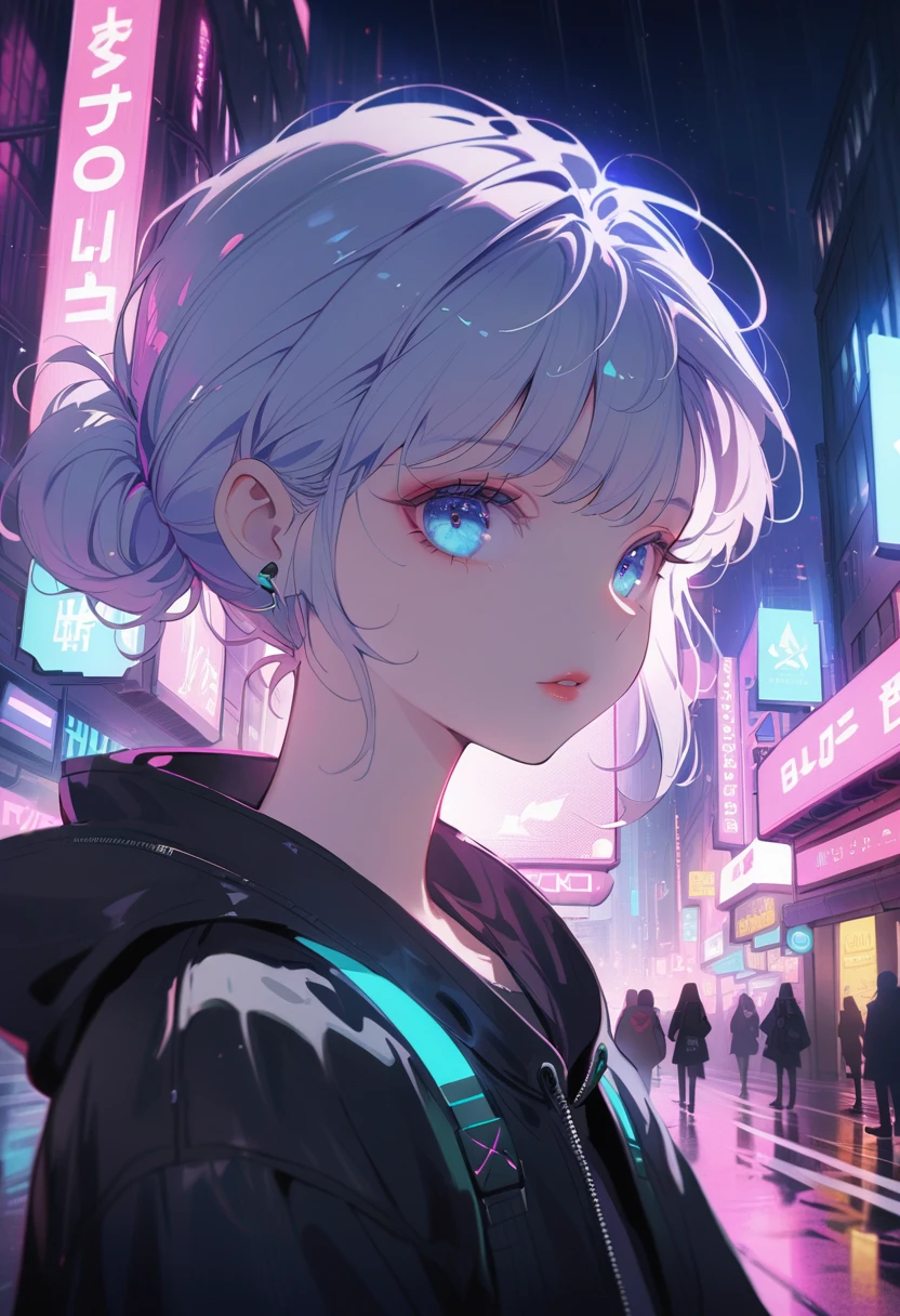 a cyberpunk city, lofi girl, portrait, beautiful detailed eyes, beautiful detailed lips, extremely detailed face, long eyelashes, cyberpunk aesthetic, neon lights, rainy city, moody lighting, muted colors, film grain, dreamy atmosphere, cinematic, masterpiece, best quality, 8k, hyper detailed, photorealistic