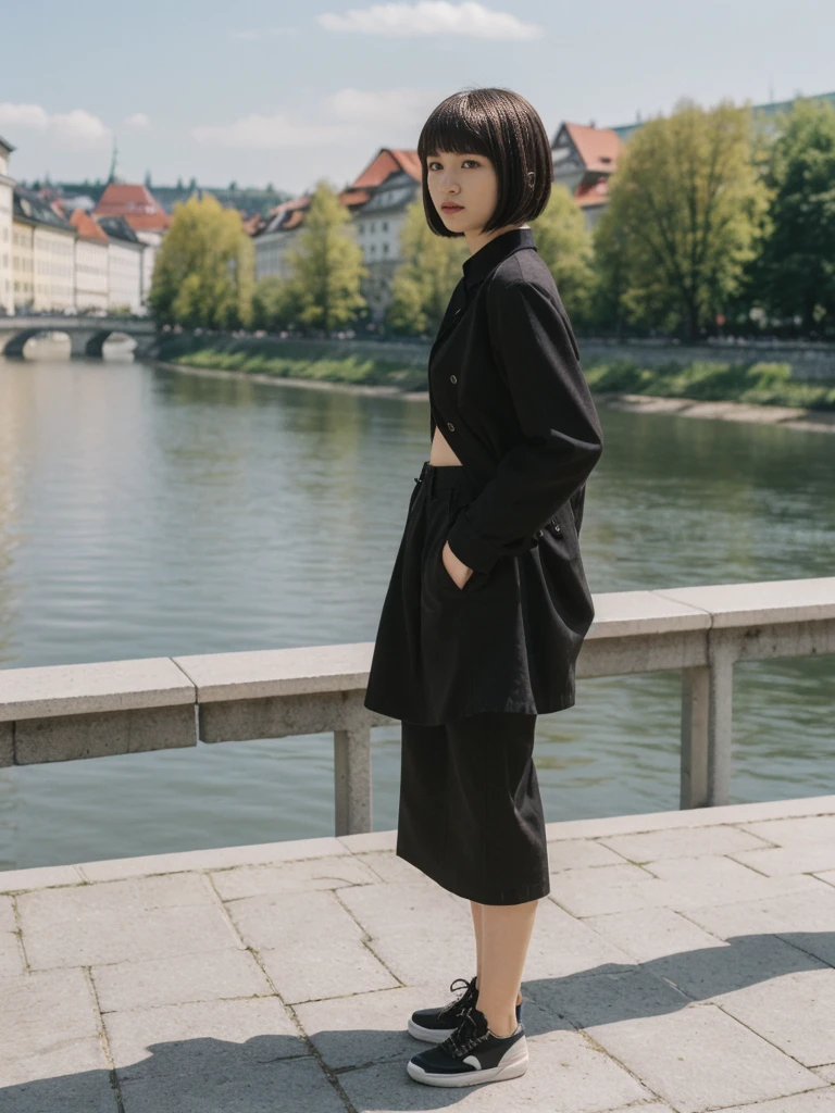 her name is Asako, high quality, 1girl, ((20-year-old fit Caucasian woman)), ((20 years old)), ((slim)), ((Edgy Bowl Cut hair)), pose: standing, wearing edgy Generation-Z modern wear bright colored, BACKGROUND:In the Letná Park, with panoramic views of the Vltava River and the historic city center