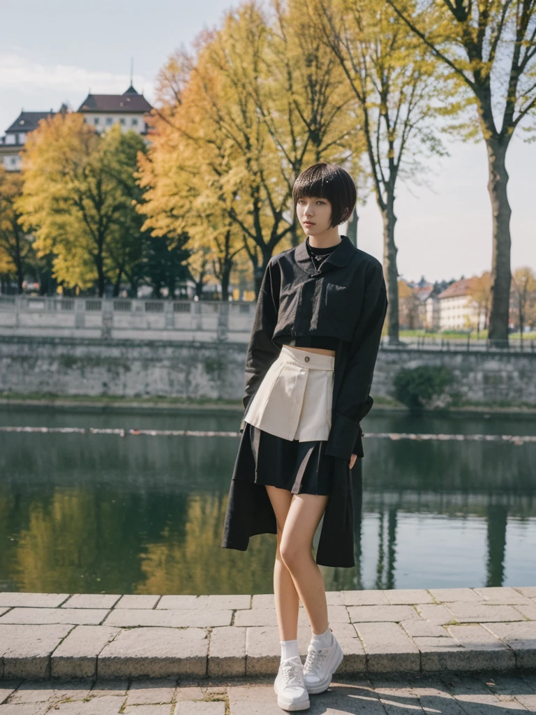 her name is Asako, high quality, 1girl, ((20-year-old fit Caucasian woman)), ((20 years old)), ((slim)), ((Edgy Bowl Cut hair)), pose: standing, wearing edgy Generation-Z modern wear bright colored, BACKGROUND:In the Letná Park, with panoramic views of the Vltava River and the historic city center