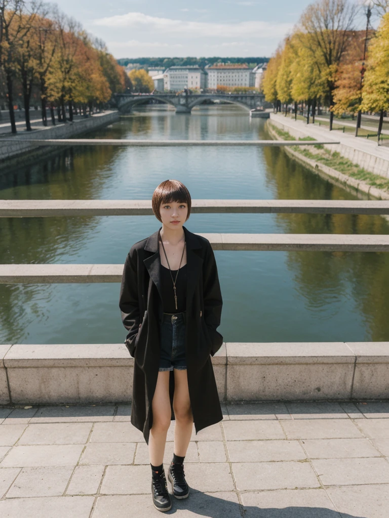her name is Asako, high quality, 1girl, ((20-year-old fit Caucasian woman)), ((20 years old)), ((slim)), ((Edgy Bowl Cut hair)), pose: standing, wearing edgy Generation-Z modern wear bright colored, BACKGROUND:In the Letná Park, with panoramic views of the Vltava River and the historic city center