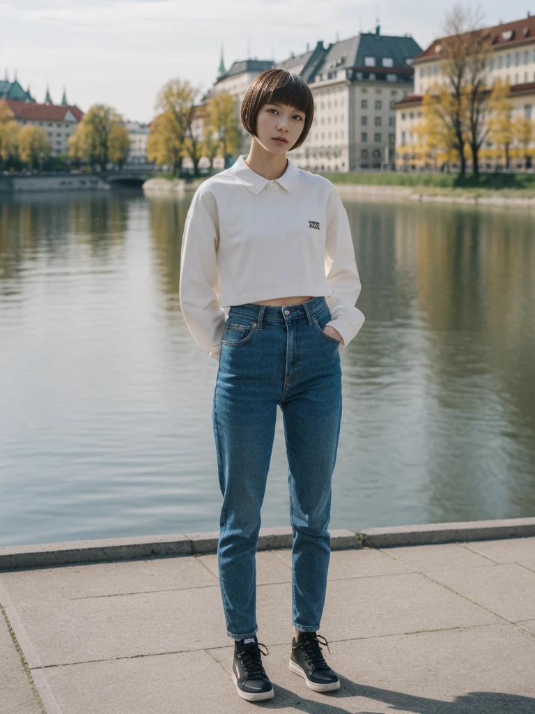 her name is Asako, high quality, 1girl, ((20-year-old fit Caucasian woman)), ((20 years old)), ((slim)), ((Edgy Bowl Cut hair)), pose: standing, wearing edgy Generation-Z modern wear bright colored, BACKGROUND:In the Letná Park, with panoramic views of the Vltava River and the historic city center