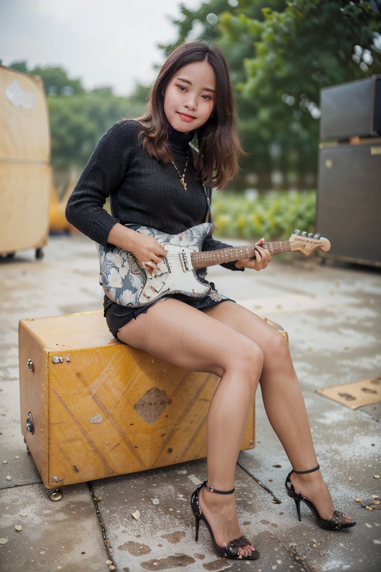 masterpiece, best quality, ultra detailed, high resolution, 1 girl, ((pretty lady MoonLay)), Burmese girl, ((pretty lady MoonLay's seductive sweet face with sweet smile:1.2)), ((playing guitar with sweet pose:1.6)), ((electric guitar)), ((big stage background:1.5)), (((background blur to highlight character:1.4))), golden hour setting, 8k, (black sweater turtleneck tight blouse), ((white ink flowers pattern printed on black mini tight skirt:1.2)), ((sitting and elegantly cross her leg over one another:1.5)), (stiletto high heel), ((full body view:1.6)), (vibrant HDR lighting),