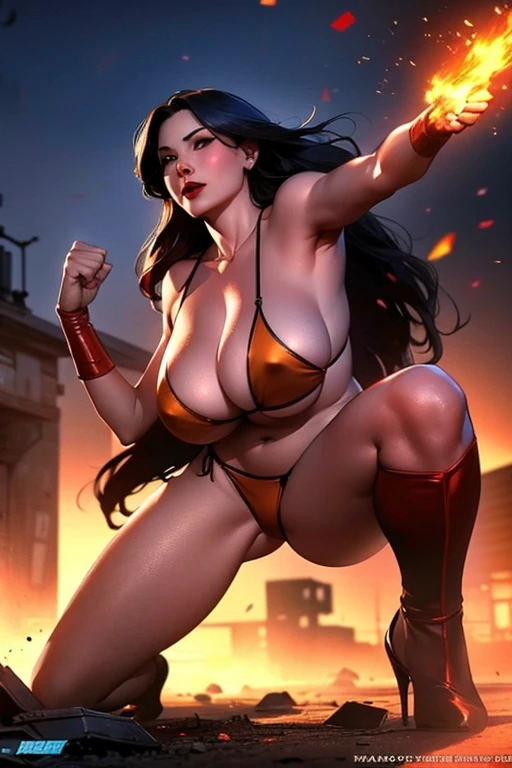 The image shows beautiful asian woman standing in a destroyed city. With black thick long hair, red lips. Mature woman. Bloody, scar, bloody face, battered. Woman wear red micro bikini, red gstring bikini. Red highheels
She is in a fighting stance, with her left fist raised and her right fist at her side. The background is a blur of orange and yellow, with some debris flying through the air. The woman is likely a Marvel Comics character