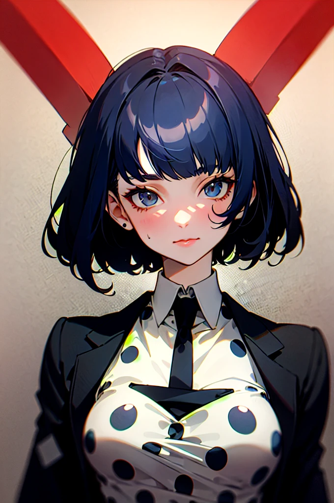 woman with short dark blue hair, dressed elegantly, with straight bangs, elegant, polka dots on her face, white eyes, tie
