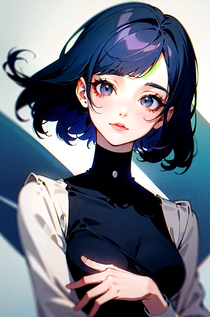 woman with short dark blue hair, dressed elegantly, with straight bangs, elegant, polka dots on her face, white eyes, tie