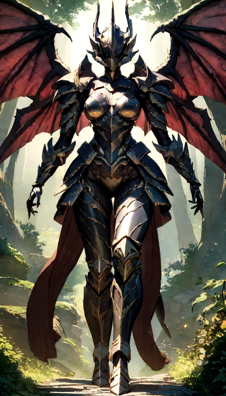1 girl in full armor with sword, gladiator fighting against devils with, Dragon-like wings hinder clouds and forest, UHD, masterpiece, anatomically correct, high details, super detail, textured skin, best quality, 8k