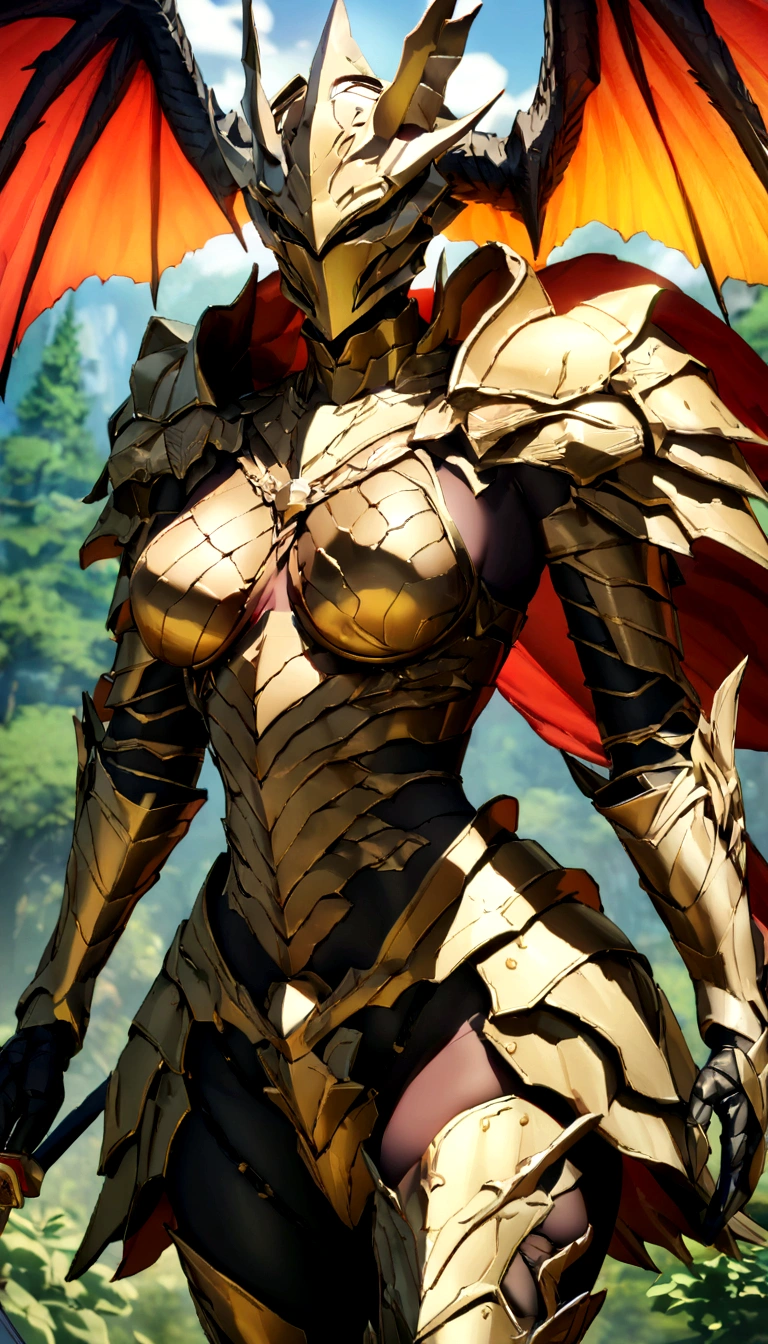 1 girl in full armor with sword, gladiator fighting against devils with, Dragon-like wings hinder clouds and forest, UHD, masterpiece, anatomically correct, high details, super detail, textured skin, best quality, 8k