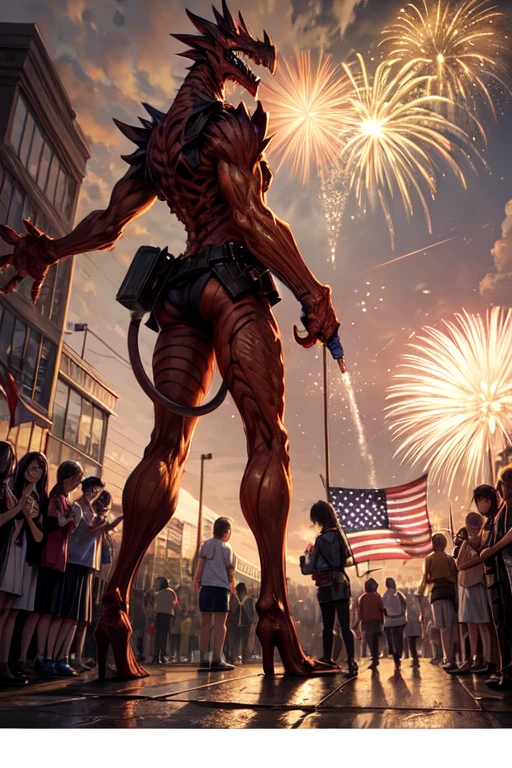 ((best quality)), cartoon, many friendly monsters on street (group photo cartoon) waving American flags, shooting fireworks 