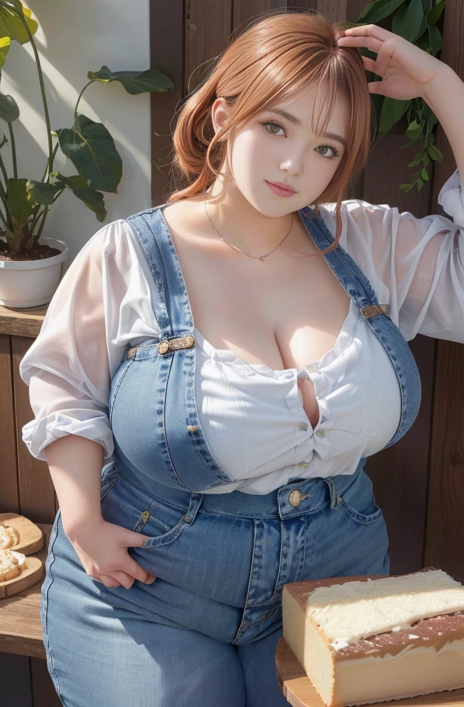Makima de l'anime "chainsaw man", bbwchan, corps entier, magnifique et ultra détaillée. Ssbbw, obésité morbide, Cheveux rouges, yeux jaunes, visage gras, visage ultra détaillé et doux. Chemise, jupe en jean, pose dynamique, soleil, gros ventre rond et moux