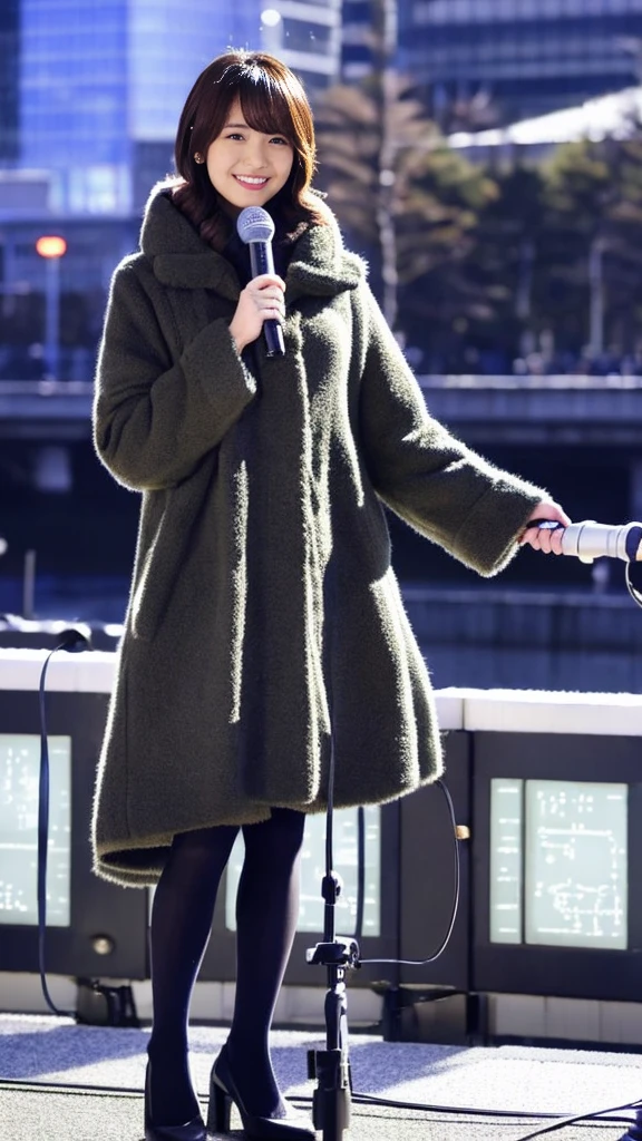 A full-body photo of a cute Japanese weather forecaster wearing a cute closed-front coat,Medium Hair, pumps,A girl broadcasting live with a microphone,Broadcasting with a microphone outdoors in Tokyo in winter,Standing in front of Tokyo Station,wearing pumps and black tights,masterpiece,ultra detail face