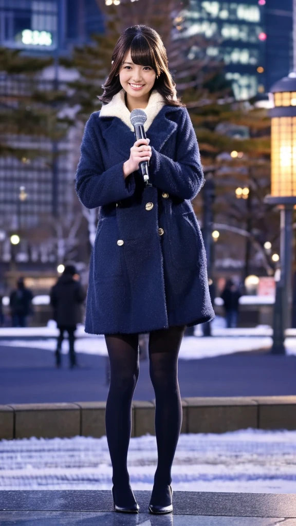 A full-body photo of a cute Japanese weather forecaster wearing a cute closed-front coat,Medium Hair, pumps,A girl broadcasting live with a microphone,Broadcasting with a microphone outdoors in Tokyo in winter,Standing in front of Tokyo Station,wearing pumps and black tights,masterpiece,ultra detail face