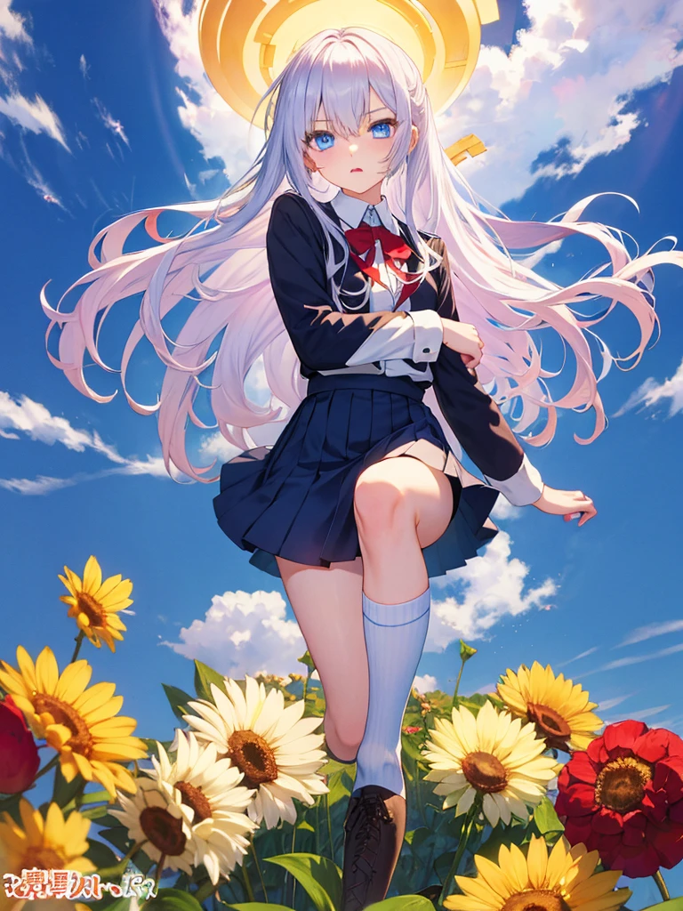 Silver Hair、Blue Eyes、beautiful girl、high school girl。uniform、Knee socks、