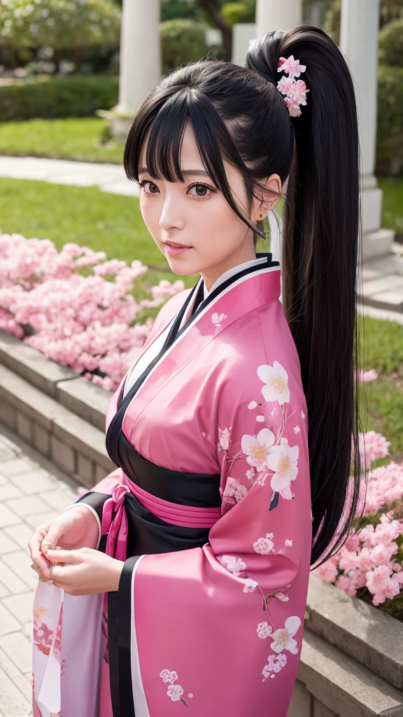 Sakura Jinguji in live action Sakura Wars Long black hair Ponytail Large hair ribbon Sakura patterned kimono