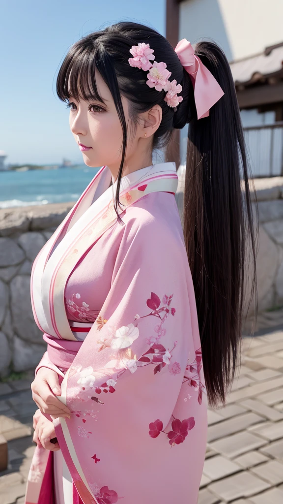 Sakura Jinguji in live action Sakura Wars Long black hair Ponytail Large hair ribbon Sakura patterned kimono