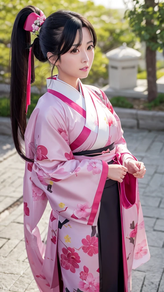 Sakura Jinguji in live action Sakura Wars Long black hair Ponytail Large hair ribbon Sakura patterned kimono
