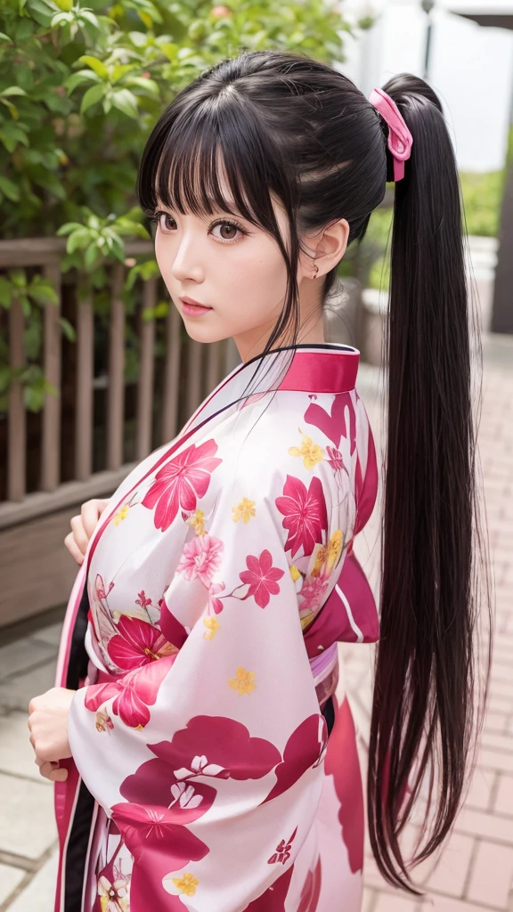 Sakura Jinguji in live action Sakura Wars Long black hair Ponytail Large hair ribbon Sakura patterned kimono