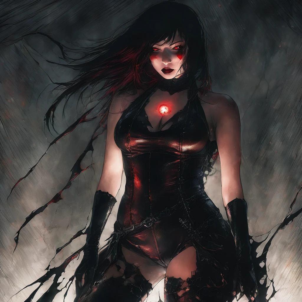 a beautiful busty Asian vampire goth woman in a torn ripped leather bodysuit revealing one breast, ultra detailed, dramatic lighting, moody dark atmosphere, cinematic quality, dark fantasy, glowing red eyes and hair