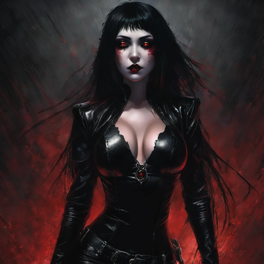 a beautiful busty Asian vampire goth woman in a torn ripped leather bodysuit revealing one breast, ultra detailed, dramatic lighting, moody dark atmosphere, cinematic quality, dark fantasy, glowing red eyes and hair