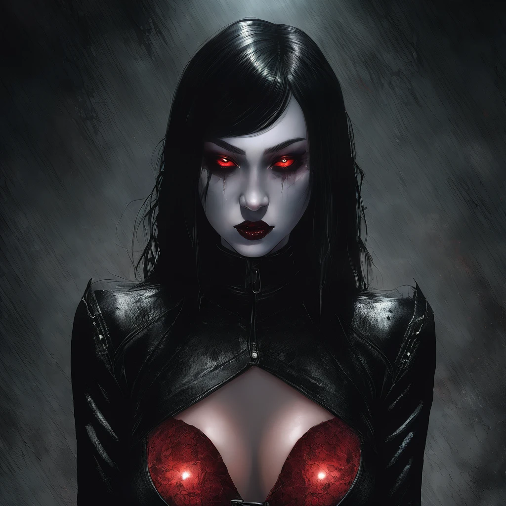 a beautiful busty Asian vampire goth woman in a torn ripped leather bodysuit revealing one breast, ultra detailed, dramatic lighting, moody dark atmosphere, cinematic quality, dark fantasy, glowing red eyes and hair