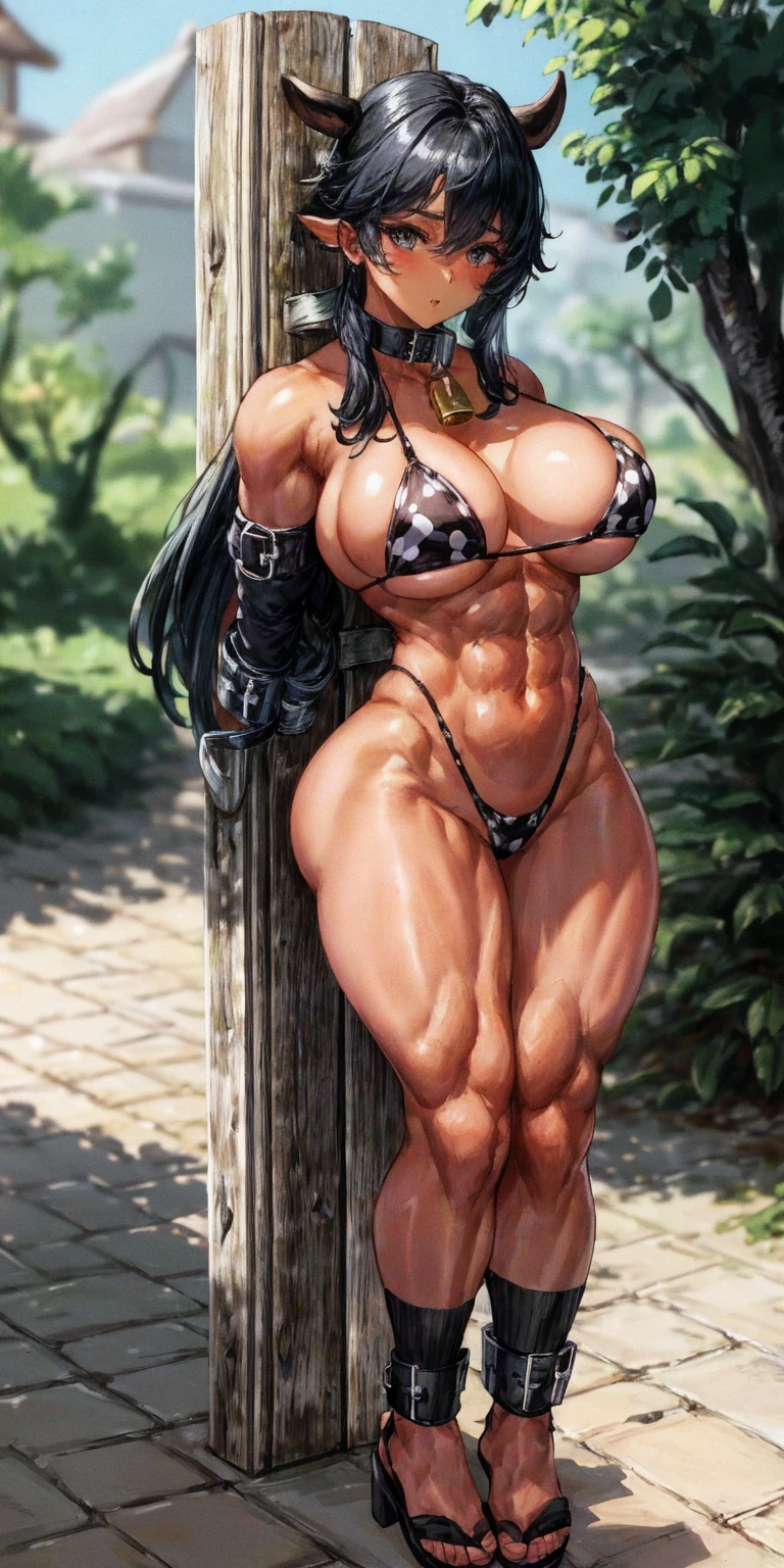 (Masterpiece, best quality, intricate details, 1sologirl) iron collar, arms behind back, iron cuffs, shackles, bound ((standing by wooden pole:1.2)) ((female Black Dark skin Gyaru)) show entire body frontal position, feet in view, realistic, gorgeous 16y.o. darkest skinned mixed race female, black African, barefoot no shoes, looking to viewer straight symmetrical, solo girl looking to the camera, cow bell choker leather collar choker neck bell, metal sandals, black and white bikini (cow pattern) black thigh highs
