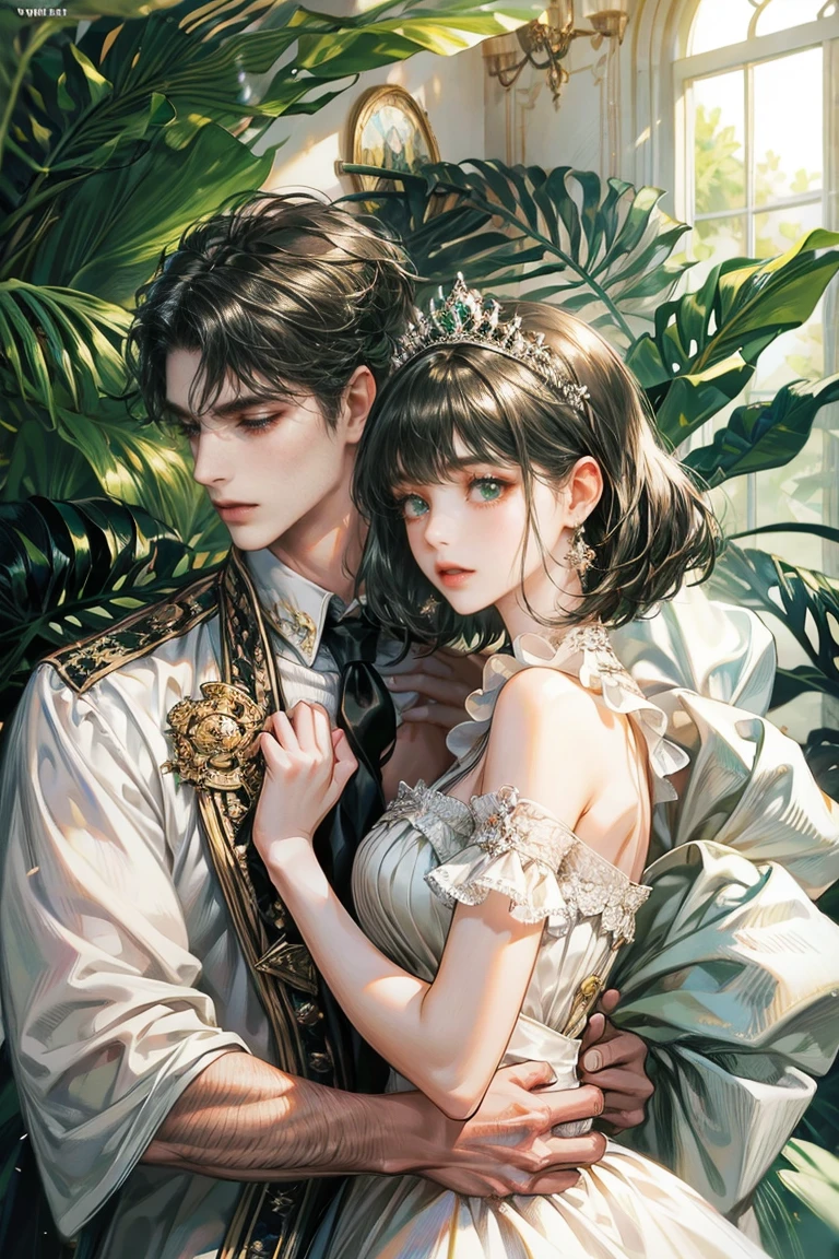 black hair woman, fringe on the sides, looking at the viewer, green eyes, white dress with ruffles, Princess