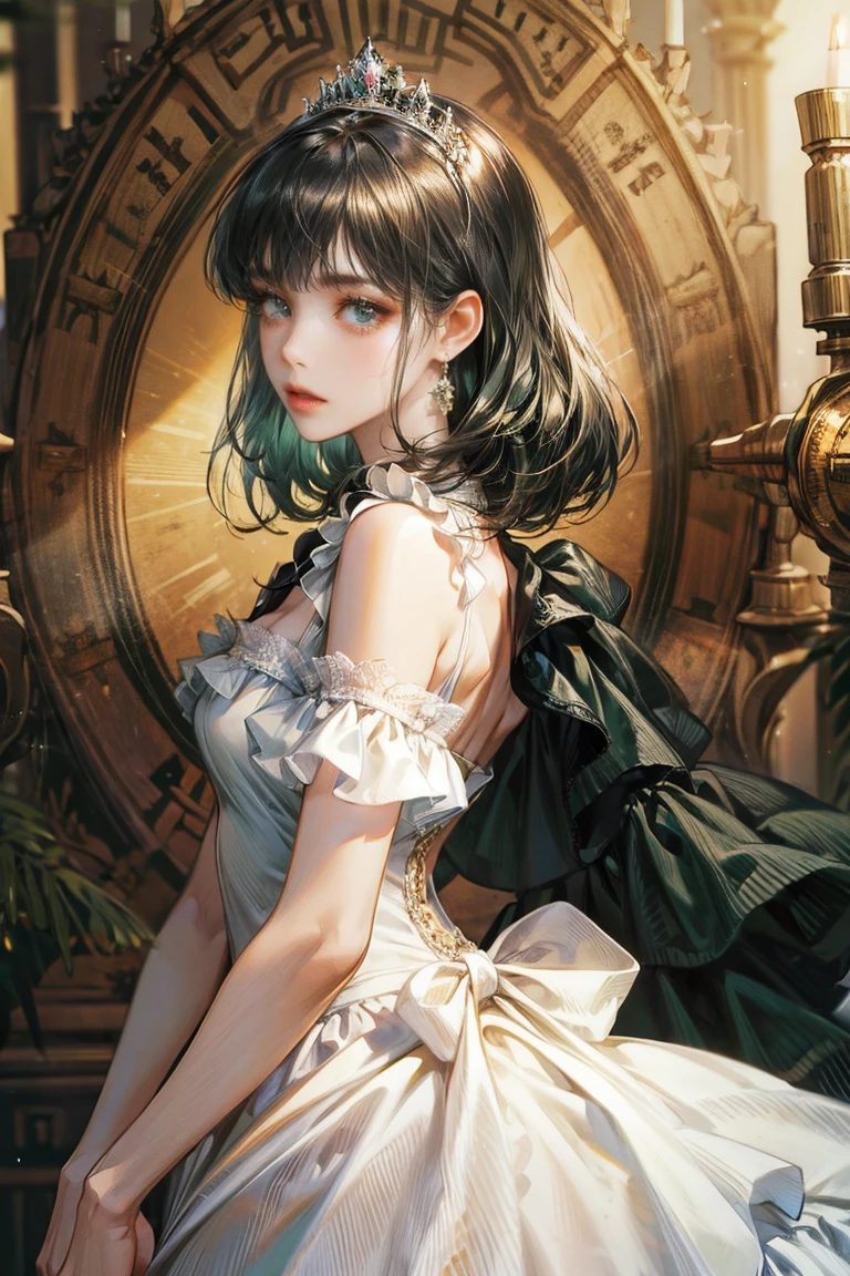 black hair woman, fringe on the sides, looking at the viewer, green eyes, white dress with ruffles, Princess