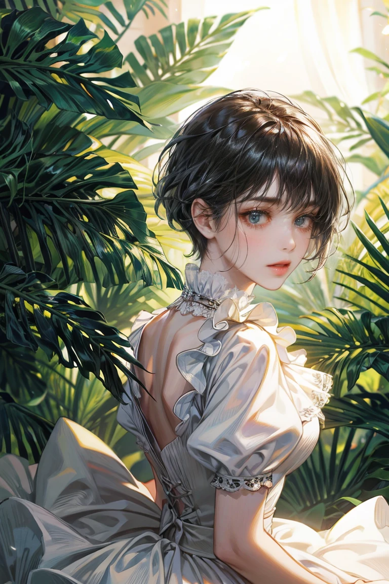 black hair woman, fringe on the sides, looking at the viewer, green eyes, white dress with ruffles, Princess