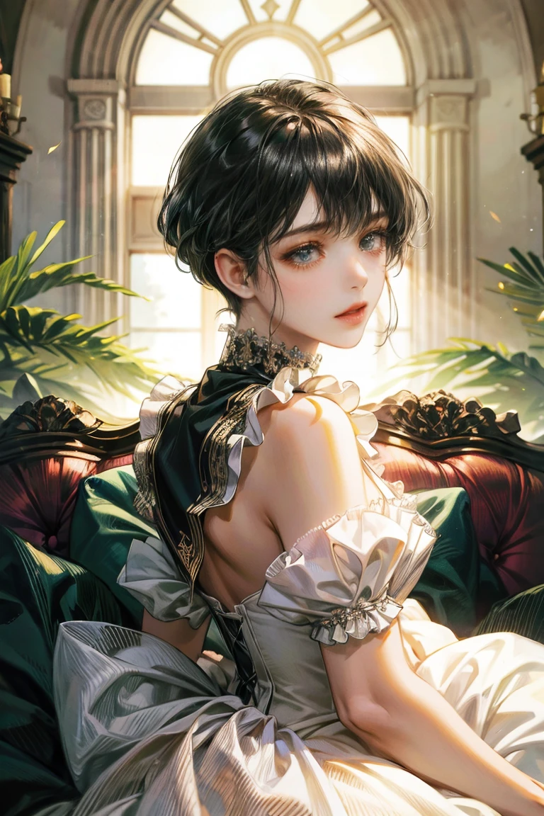 black hair woman, fringe on the sides, looking at the viewer, green eyes, white dress with ruffles, Princess