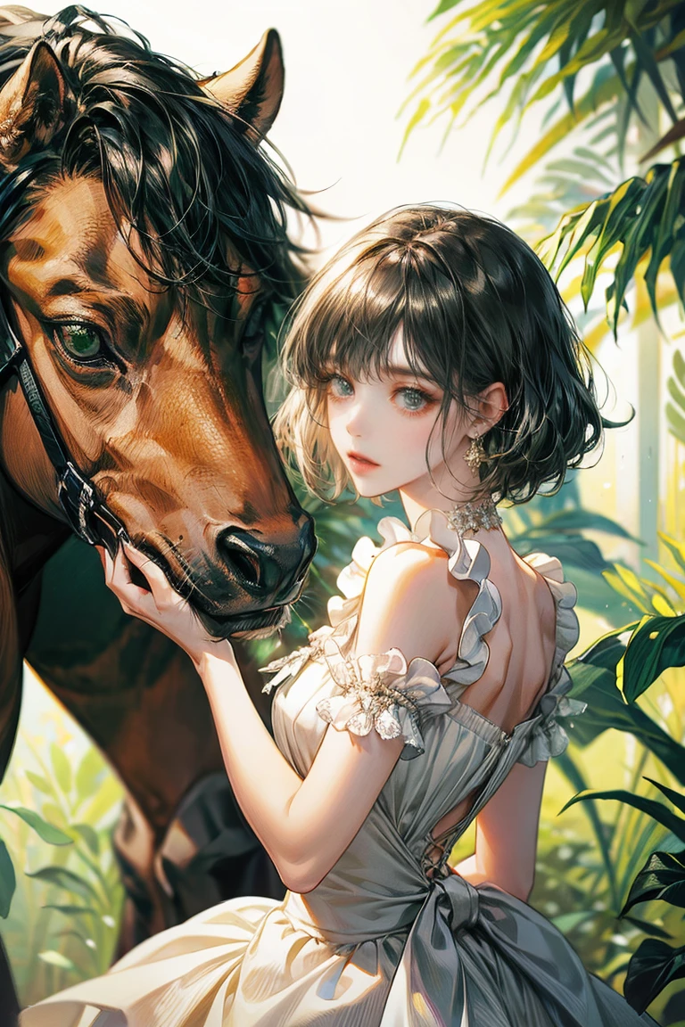 black hair woman, fringe on the sides, looking at the viewer, green eyes, white dress with ruffles, Princess