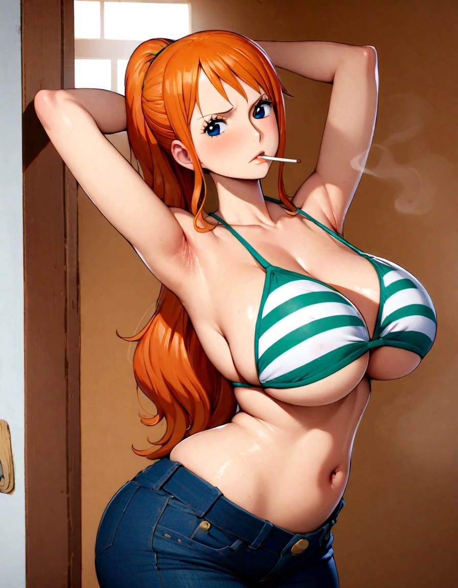 a cartoon picture of a woman in a bikini top and jeans, nami one piece, nami from one piece, nami, beautiful portrait of nami, from one piece, oppai, blue eyes, smoking, ponytail, nsfw