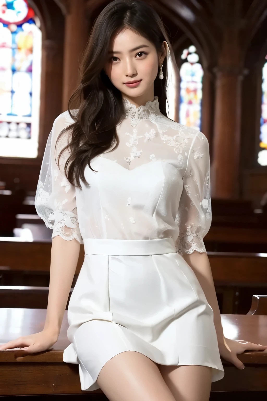 8K RAW Photos, Highest quality, masterpiece, Ultra-high resolution, 3d, Realistic, One girl, Asian, black_hair, length_hair, nose, wedding dress, Natural skin texture, light brown_eye, detailed eyes and face, lips, lipstick, smile, perfect legs,Beautiful feet, Beautiful church location, (Detailed Background), Checked skirt, White shirt, Blurred Background, white dress like a wedding dress,