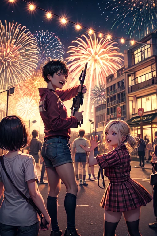 ((best quality)), cartoon, many small friendly monsters on street (group photo cartoon) waving American flags, shooting fireworks