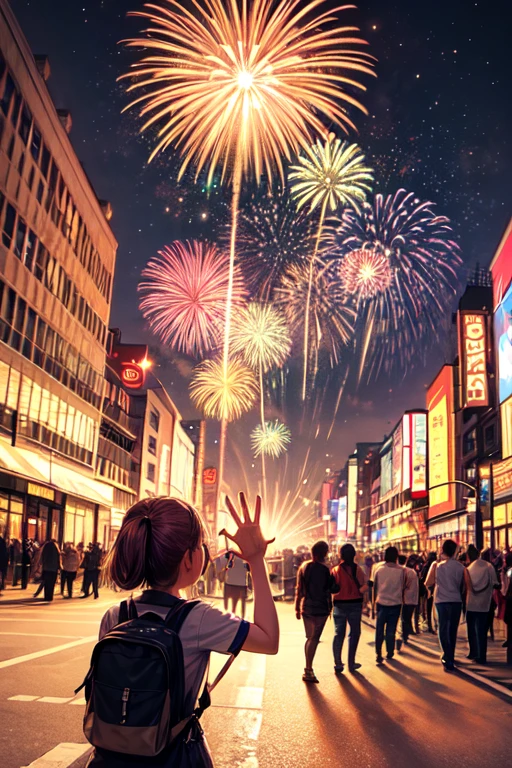 ((best quality)), cartoon, many small friendly monsters on street (group photo cartoon) waving American flags, shooting fireworks