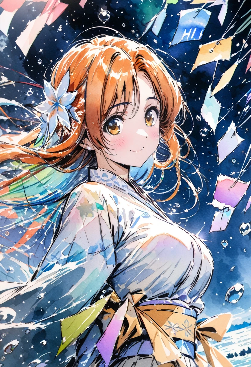 masterpiece,highest quality,ultra-detailed,high-definition background,8K,hi-res,high quality,BREAK,Water Drop,,girl, japanese manga style, sketch, Watercolor Colors.Tanabata.milky way、((Orihime and Hikoboshi:1.5))、A radiant smile、Smile、Star of the sky