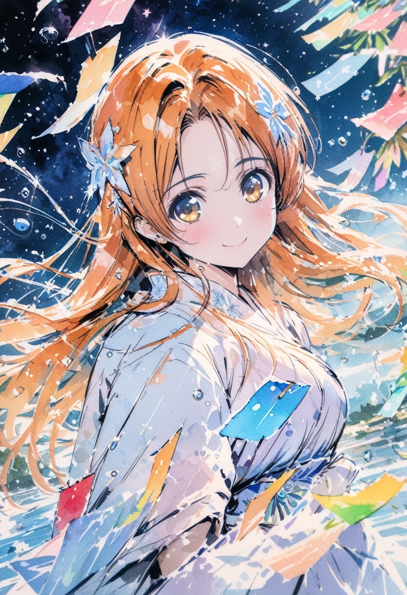 masterpiece,highest quality,ultra-detailed,high-definition background,8K,hi-res,high quality,BREAK,Water Drop,,girl, japanese manga style, sketch, Watercolor Colors.Tanabata.milky way、((Orihime and Hikoboshi:1.5))、A radiant smile、Smile、Star of the sky