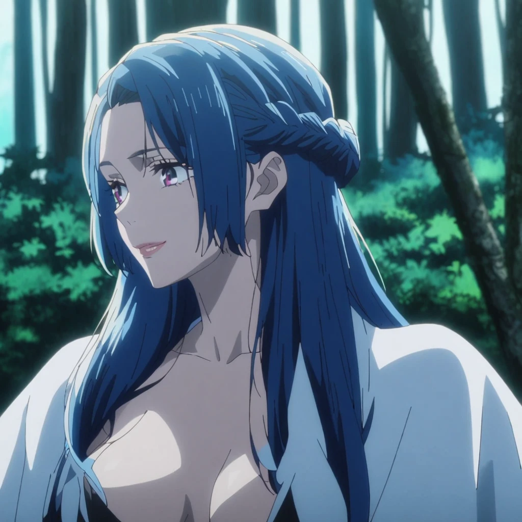 1girl, anime screencap from jujutsu kaisen, solo, very long_hair, ((smooth texture hair)) purple eyes, ((long hair, blue hair, french braid, blue_eye)), breasts, upper_body, smile, forest background, red_eyes, lips, ((long blue hair, elegant hairstyle, french braid ,blue_eye)) wearing black color clothes, breast, "very detailed and high resolution" (blue eyes) ((cross arms)) ((smooth texture hair)) ((solo)) ((high resolution)) (Good quality) ((head down))