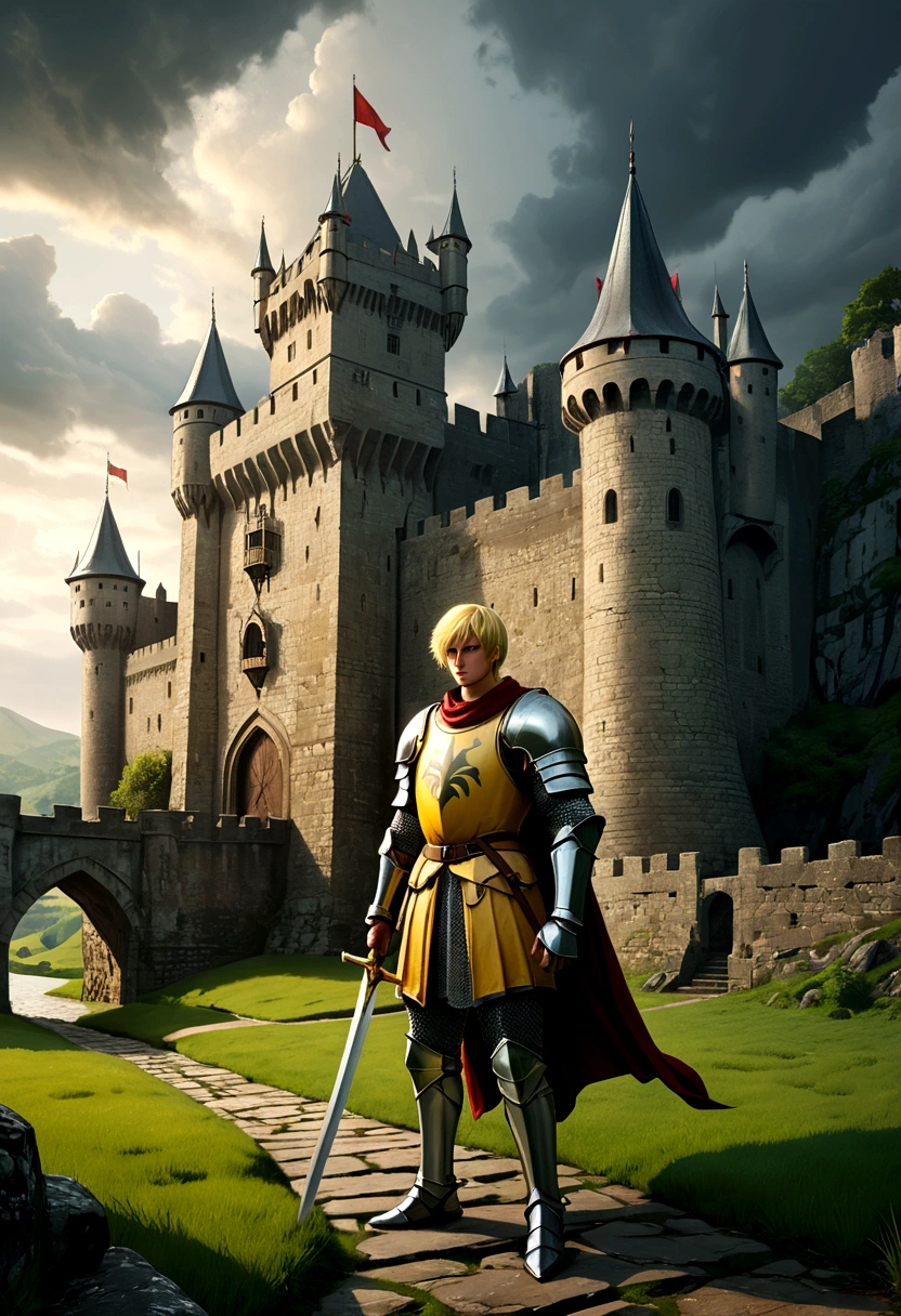 (Best quality,4K,A high resolution,masterpiece:1.2),ultra detailed,realistic,Fantasy art,Medieval fortress,Gloomy atmosphere,dramatic lighting,Castle,ancient architecture,stone wall,solid wooden doors,Towering turrets,carved decorations,moat with drawbridge,Gloomy sky,ominous clouds,twilight,Isolated environment,Minimalist landscape,peaceful countryside,Hills,Lush green grass,Medieval Knight,brave and courageous,short yellow hair,Yellow armor,Strong and muscular,confident position,shiny sword and shield,gaze,serious expression,defense,guardian,Solemn silence