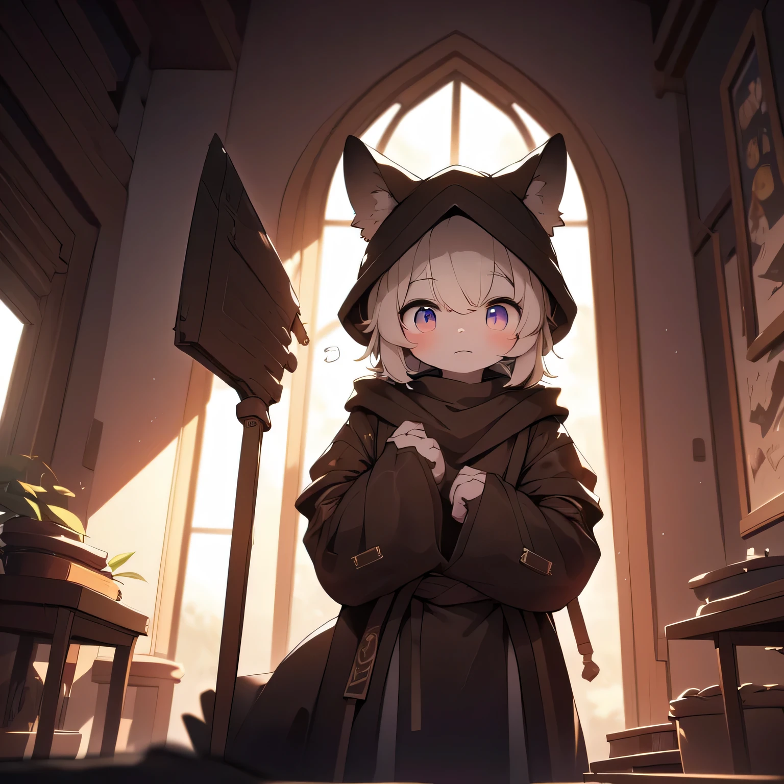 ((((Obra maestra, La mejor calidad, ultrahigh resolution)))), 1boy, mysterious, sitting, (black hair, short:1), cropped hair, pale skin, ((dark eyes, glowing_eyes:0.5)), detailed face, (((ultra detailed eyes:0.8, mysterious and detailed face, detailed eyes:0.9))), ((three-quarter view)), (indoors, dimly lit, candles burning:0.9)), slender build, holding a staff, ((hooded robe:1.1, brown tunic with hood, hidden face:1)), ((leaning forward, intense focus)), ((expressive eyes, deep shadows:1)), beautiful lighting, indoors, enclosed, background, ((defined subject:1.1)), 200 years old, ((tall, elongated figure:1)), (((cool, brooding))), ((strong, emotionless)), (((high contrast, sharp edges)))