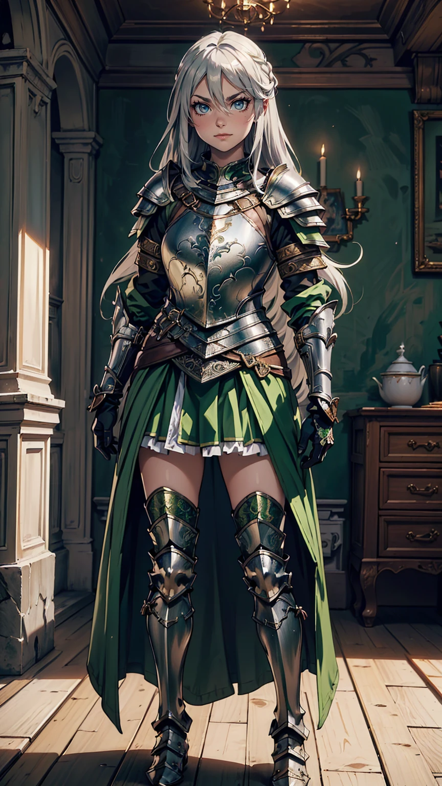最high quality、Ultra High Definition, Ultra High Quality, Hyper Definition, Hyper Quality, Hyper Detailed, Extremely Detailed, Perfectly Detailed, Best image quality、masterpiece、anime woman((20-year-old、super dynamic pose , Green solid eyes, Silver long Hair、Disheveled Hair、Long White Hair, Glove、Green Skirt, Noble Armor, Smirk, cheerful expression, Detailed Cuirass , Dressed in Full Coverage Noble Plate Armor, leg armor)),high quality、Beautiful art、background((Inside the mansion))、Written boundary depth、 movie、Visual Arts、Perfect art、8K,Genuine、