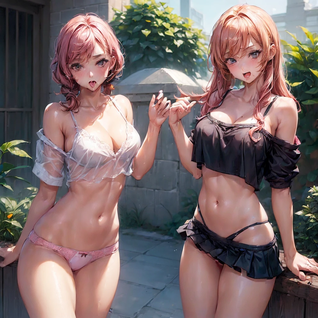 ((Two High School Girls: 2)), dynamic angles, perfect body, night, external lighting, gal, (anatomically correct), masterpiece, best quality, original photo, actual, eye roll (orgasm eye), tongue extension, Spitting white saliva. Cute, high resolution, super detailed, detailed, very detailed, extremely detailed eyes and realistic big student, pale tanned skin, two people, glamor, spaghetti strap short waisted t-shirt, big , cleavage exposed, navel, tanned skin, pink hair, blonde, brown hair, orange, short straight hair, long curly hair, shortcut, pixie cut, cosplay, late night, (panties), spread legs, ass, small ass ((sexy) ; 1.5)) White underwear, pink underwear, yellow underwear, black underwear, the underwear moved to the side of the thigh, the wet body was lying on its back, the buttocks were raised, and the legs were accidentally spread. A large amount of thick white liquid oozed from the sides of the thighs.
