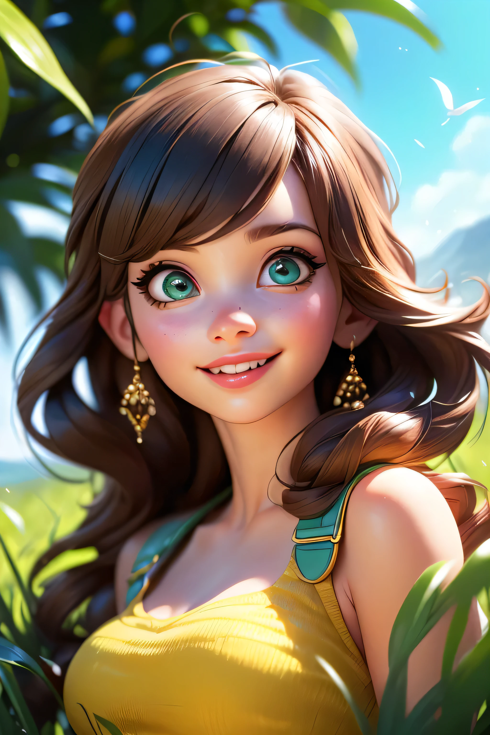 (best quality, 4k, 8k, highres, masterpiece:1.2), ultra-detailed, (realistic, photorealistic, photo-realistic:1.37), playful, cartoon, girl, cute smile, outdoor, 3d rendering, beautiful detailed eyes, beautiful detailed lips, extremely detailed eyes and face, longeyelashes, colourful, soft lighting, summer scenery, green grass, lively atmosphere