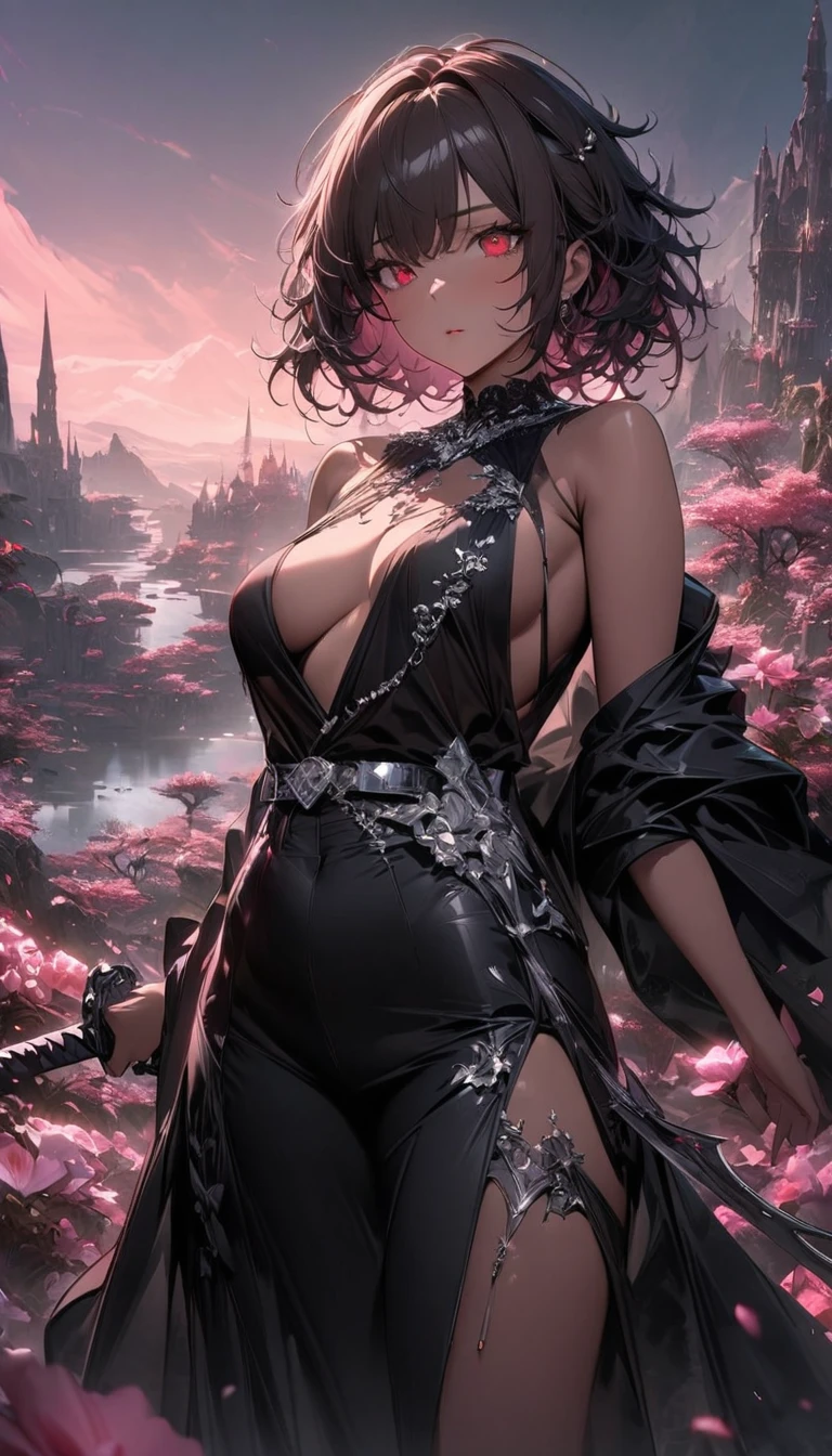 a dark-haired woman with spiky hair and expressive red eyes, holding a sword, wearing a black coat and tight black shirt, with a belt wrapped around her chest, silver accessories, in a fantasy landscape with pink flowers blooming, dreamlike, high resolution, ultra-detailed, high dynamic range, masterpiece, best quality, capricious, solo, elegant lady