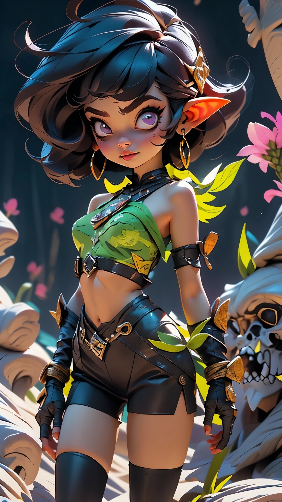 cel shading, outlines, vector art, ((goblin girl)), flat colors, cel shading, outlines, vector art, night time, night sky, short height, 1girl, solo, full body image, very short goblin mage, short stack, ((green skin)), two long ears, long black colored hair, long bangs, sword, dark purple eyes, purple tube top, midriff, purple shorts, gloves, dark purple boots
