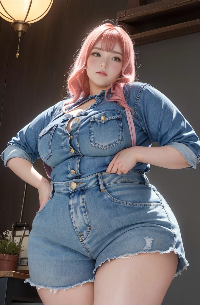 Makima de l'anime "chainsaw man", bbwchan, corps entier, magnifique et ultra détaillée. Ssbbw, obésité morbide, Cheveux rouges, yeux jaunes, visage gras, visage ultra détaillé et doux. Chemise, jupe en jean, pose dynamique, soleil, 