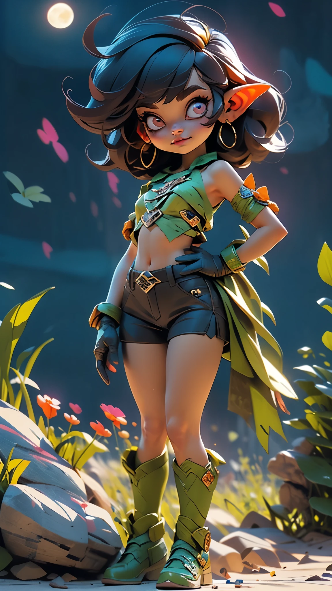 cel shading, outlines, vector art, ((goblin girl)), flat colors, cel shading, outlines, vector art, night time, night sky, short height, 1girl, solo, full body image, very short goblin mage, short stack, ((green skin)), two long ears, long black colored hair, long bangs, sword, dark purple eyes, purple tube top, midriff, purple shorts, gloves, dark purple boots