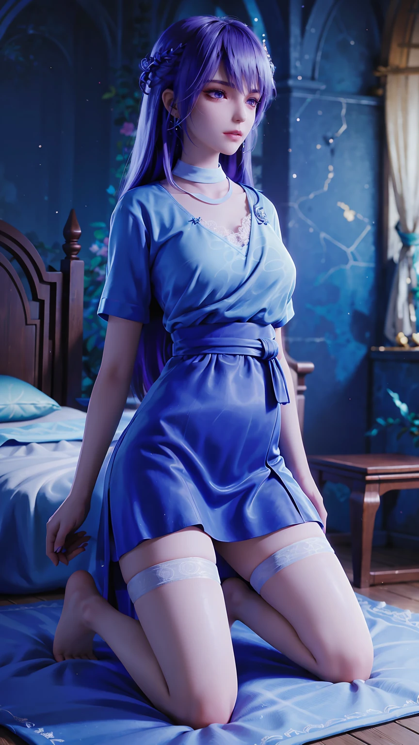 best quality,masterpiece,The Ultimate Solution,Fluffy,Extremely colorful,Mature beautiful woman,(Dress school uniform),Lace skirt,(Beautiful woman beheaded),Normal posture,(Kneeling),Kneeling on the bed,shackles,Beheading,collar,White stockings ,barefoot,Normal posture