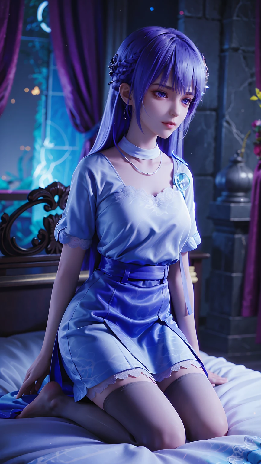 best quality,masterpiece,The Ultimate Solution,Fluffy,Extremely colorful,Mature beautiful woman,(Dress school uniform),Lace skirt,(Beautiful woman beheaded),Normal posture,(Kneeling),Kneeling on the bed,shackles,Beheading,collar,White stockings ,barefoot,Normal posture