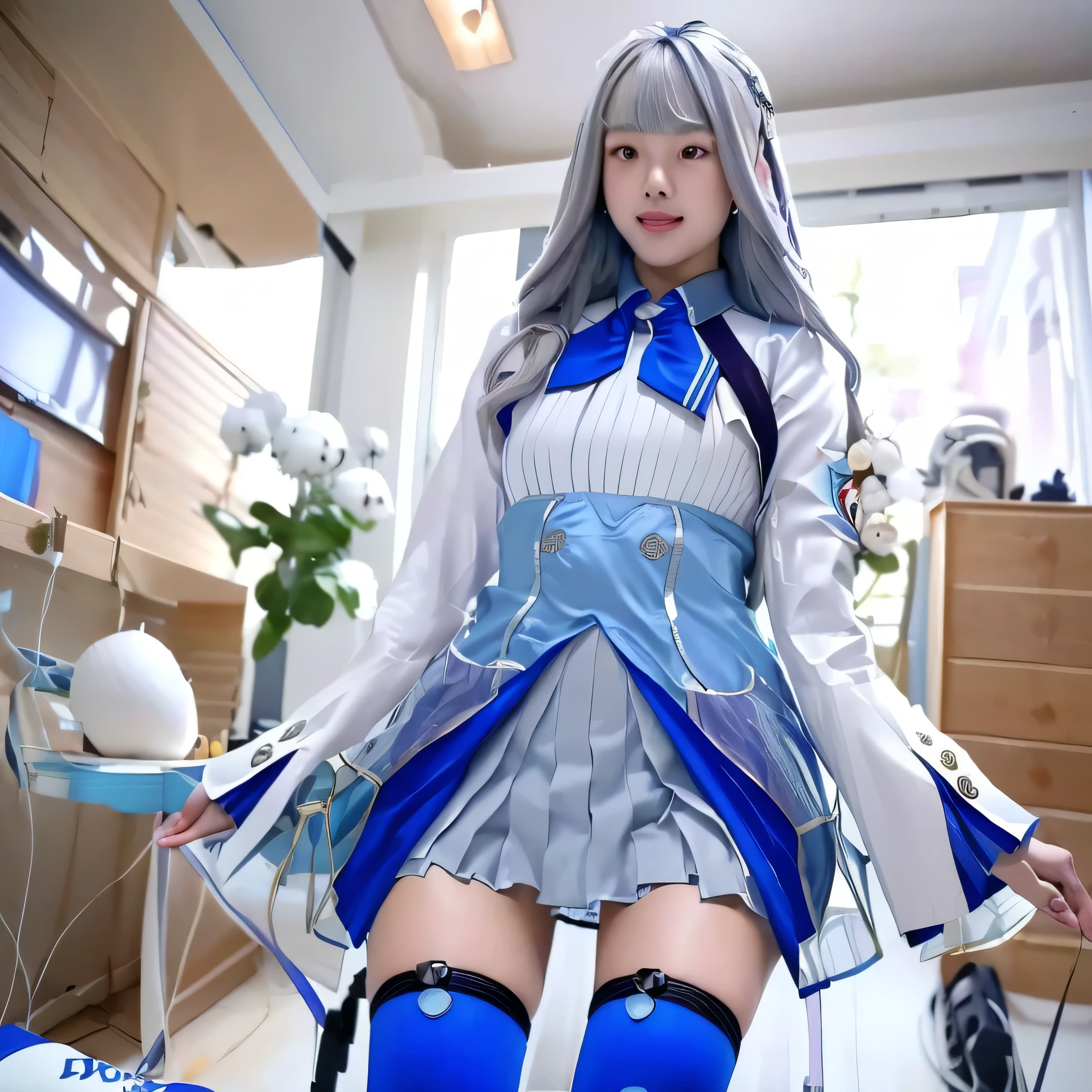 standing,
leg up,(((Liz Hellesta))),gameroomconcept,PC Desk,((Gaming Chair)),Pay,Game Controller,keyboard,((Looking at the smartphone in his hand)),vtuber,Game Now Streaming,((White Delivery Room)),(Liz HellestaHair),((Dressed seriously)),(((Do not expose breasts))),masterpiece, Highest quality, beautiful,(1 female), Liz Hell,cameltoe,(Straight gray straight hair,((bangs)),((Beautiful Japanese girl face)),Thin face,Beautiful female face,Precise depiction,Excellent costume design, charm, (Small breasts), Slender upper body,(8k Full Body RAW Photo), (Highly detailed skin: 1.2), ((Oily skin)),smile, Highly detailed face, ((Grey Hair)),fine grain, ((Sweaty body)), (((Oily skin))),Inside the room,1 Girl,Open your mouth,(((Open your eyes))),(((View your viewers))),(((Open your eyes))),(((Open your eyes))),(Large pelvis),(Wide Hips),(((Very muscular and thick thighs Veins,))),Thigh gap,Shiny thighs.(((Narrow waist))),(Realistic:1.0),Front view,1girl,lh1, (((White panties))),cameltoe,Hair Ornament Net、Long Hair、Long sleeve、Pleated skirt、((Blue thigh-high socks in silk fabric))、((手链))、Blue pleated mini skirt、((White jacket, cotton material))、(tight white shirt)、Blue Skirt、(Metallic black thigh straps),(((Front view))),Focused on PC gaming,((Open your mouth)),Showing teeth,Constricted eyes,